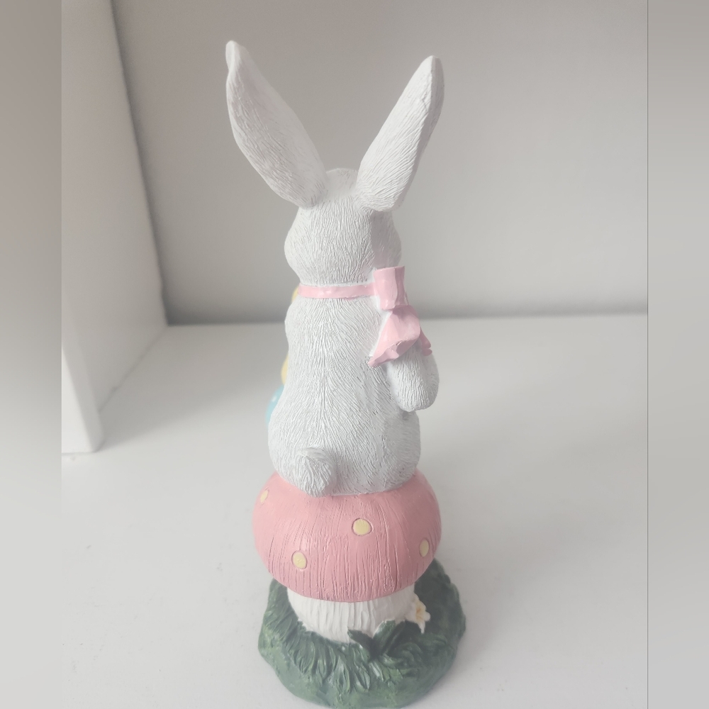 White Rabbit and Yellow Chick Sitting On Mushrooms Having Tea Figurine Resin - Picture 8 of 10